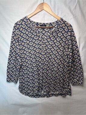 Lucky Brand Navy and Cream Geometric Button-Up Blouse